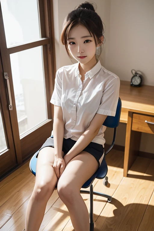 ((Layered Haircut)),（8K，Highest quality），whole bodyショット，Watching from afar，Shots from a distance，school classrooms，student，class，ゲームin遊んinいる，JK skirt wearing see-through shirt，Blue wet shirt, Wet shirt, Adorable， smile， Thin face， Short fine hair， 32k, masterpiece， Best image quality，Ultra-high resolution，Perfect hands，look up_in_Get a peek at your audience (((whole body))), whole body, Legs wide open, Leg spread, Looking at the camera, Eye on the details, Beautiful Eyes