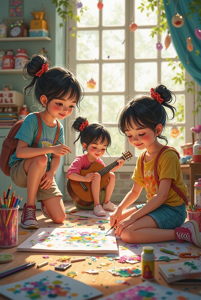 UHD, (HD resolution: 1.2), skin radiance, (best quality: 1.1), (masterpiece), (best quality), smile, (beautiful detailed face), (beautiful detail eyes), 8K, colorful balloons flying around, ((6 girls playing, listening to music, singing)) cute, chibi, background is summer park