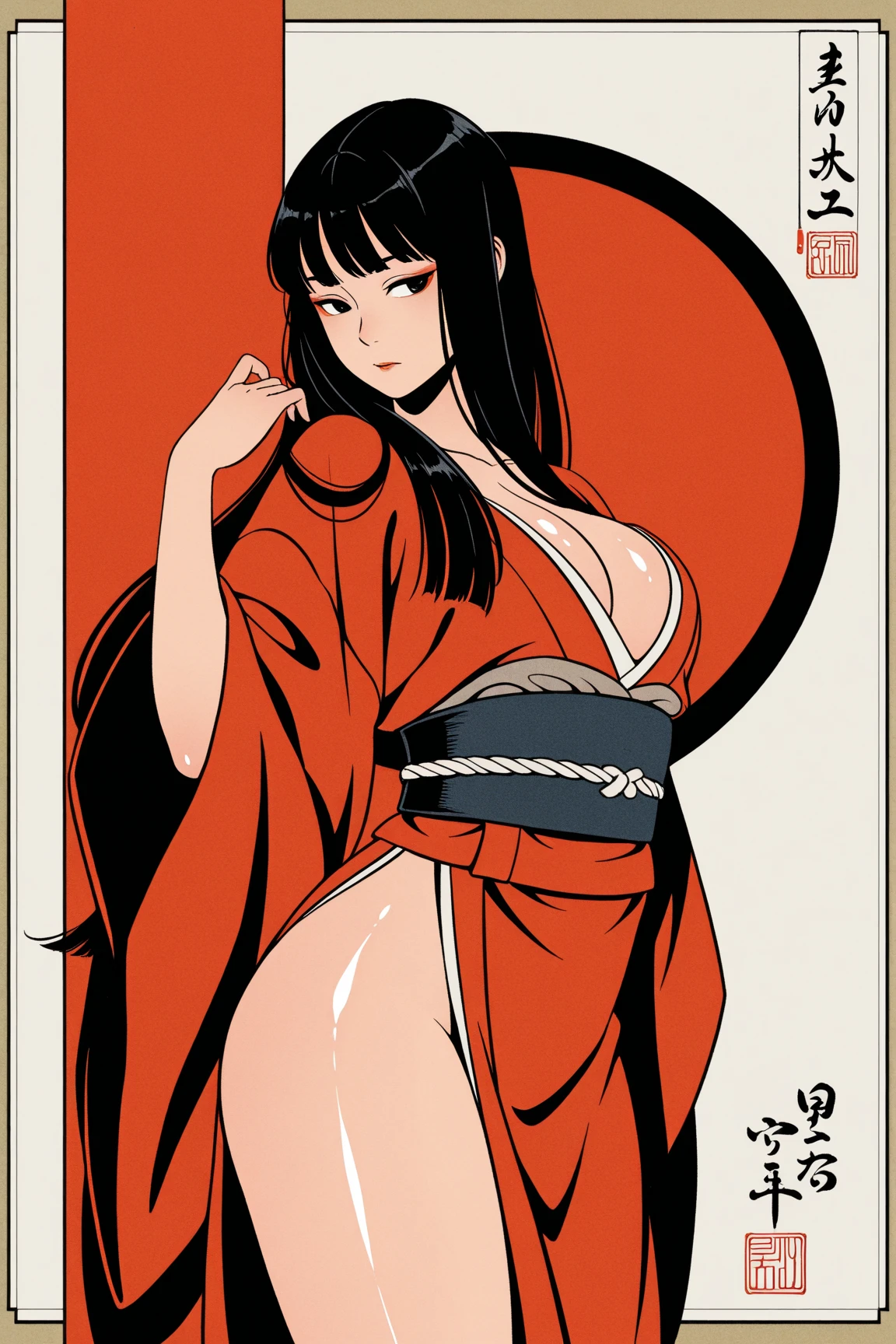 Beauty Japanese Women,Model body type,8-headed beauty,Nude,Wearing a kimono,Give someone a Japanese umbrella,(Black hair,Long Hair),Pointed nipples,Large Breasts,The genitals are visible,Thin pubic hair,Thick pubic area,My genitals are wet,Beautiful adult woman,Spread your legs,Rubbing the groin with a fan,(Holding a fan to her private parts)Mono psychedelic painting,American comic style