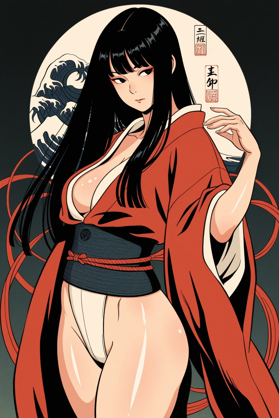 (Best quality, 4k, Masterpiece), hyper realistic, ultra-detailed face, perfect face, perfect eyes, extremely detailed beautiful eyes, shiny eyes, detailed hands and fingers, detailed, cinematic lighting, ((very busty Japanese samurai lady :1.2)), ((thick flowing very long black hair:1.2)), ((side locks, hair tube, hair rings)), curtain bang, beautiful eyes, glossy lipstick, ((coloured lipstick)), big lips, full lips, blue eyes, ((mature woman)), (Voluptuous), (Curvaceous:1.3), (Bimbo), (Milf), ((full body)), (simple smile), sexy, feminine, seductive, alluring, enigmatic, ((gigantic massive natural breasts:1.5)), ((very saggy hanging breasts:1.5)), ((bursting cleavage)), narrow waist, wide hips, thick thighs, huge ass, long legs, scantly samurai armour, katana sword, headband, cherry blossom trees, Japanese shack, detailed background, ((NSFW)), Illustration, anime, ((traditional drawing:1,5)), ((sketch:1.2)), ((cowboy shot))