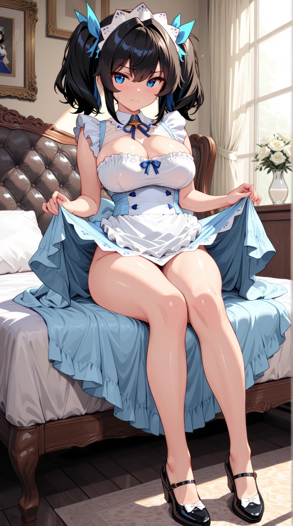 ulti from the anime one piece, has horns, long hair, light blue hair, pink eyes, ponytail, beautiful, beautiful woman, perfect body, perfect breasts, wearing a big white t-shirt, black panties, in bed, room sleep, bed, sitting on the bed sleeping, looking at the viewer, slightly smiling, realism, masterpiece, textured leather, super detail, high detail, high quality, best quality, 1080p, 16k
