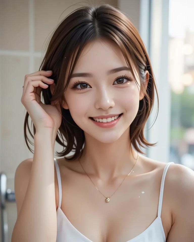 masutepiece, Best Quality, 8K, 18 yo, very beautiful Korean young girl, very beautiful face, sweet and cute face, skinny body, slender girl, slim waist, flat belly, beautiful tight round perfect breasts, beautiful tight perfect butt, slim small arms, slim small legs, slim small thighs, white skin, perfect skin,pale and soft skin,Raw photo, Soft light, Professional Lighting, Solo, Smile, close up, Face, close up, Cute, Girly, Goddess, Delicate girl, Neat and clean beauty, Full body, Digital SLR, Candid, Sophisticated, (Eyes and faces with detailed:1.0), Medium short hair swaying in the wind, tube top, short Pants,Pink sneakers, in bedroom, standing, beautiful rounding big breasts , without bra