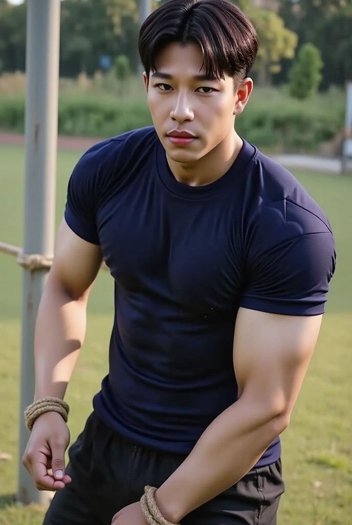 A man in Araphedo wearing tattoos and black underwear poses for the photo, Black underwear, Asian Male, handsome chad chin, korean muscle boy 2 1 , Sporty physique, twinks, damien tran, muscular!!, beefcake pose, Stone Punk, Asian Man, half man half asian black bull, Korean Male, Jock、I'm sitting on the floor with my legs open