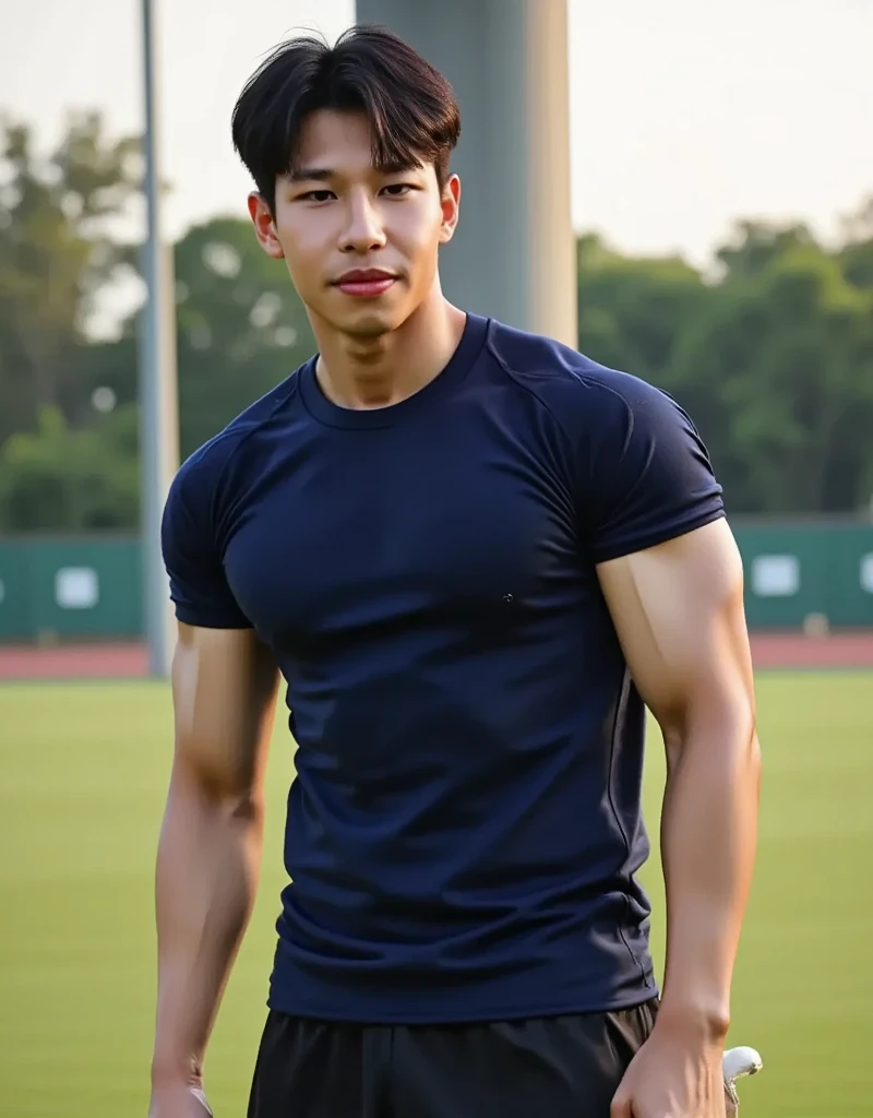 NSFW : 独奏: 1.5, (As a matter of fact, Masterpiece, 8k HD, good light quality, sportswear, fit the face, complicated details), A handsome, muscular young Korean man sits at a table, with muscular arms. , 20 years old, be happy, detailed face, delicate eyes, look at the sky, Wear a tight blue t-shirt.:1.6 , jeans period, black eyes, Black hair color, ผมsmooth, smooth,Surreal,Superb details,Highest quality,real,Open your mouth to talk. , Close your eyes., (standing in the football field:1.1)