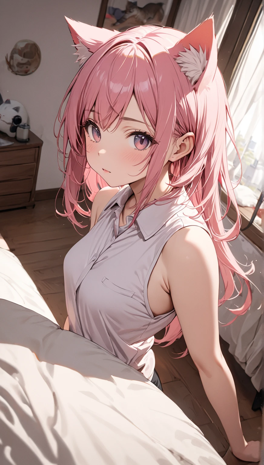Pink-eyed Astolfo poses in a bedroom with pantyhose and a raised plaid skirt. She is blushing, she has a teenage body and pubic hair and a braid no two