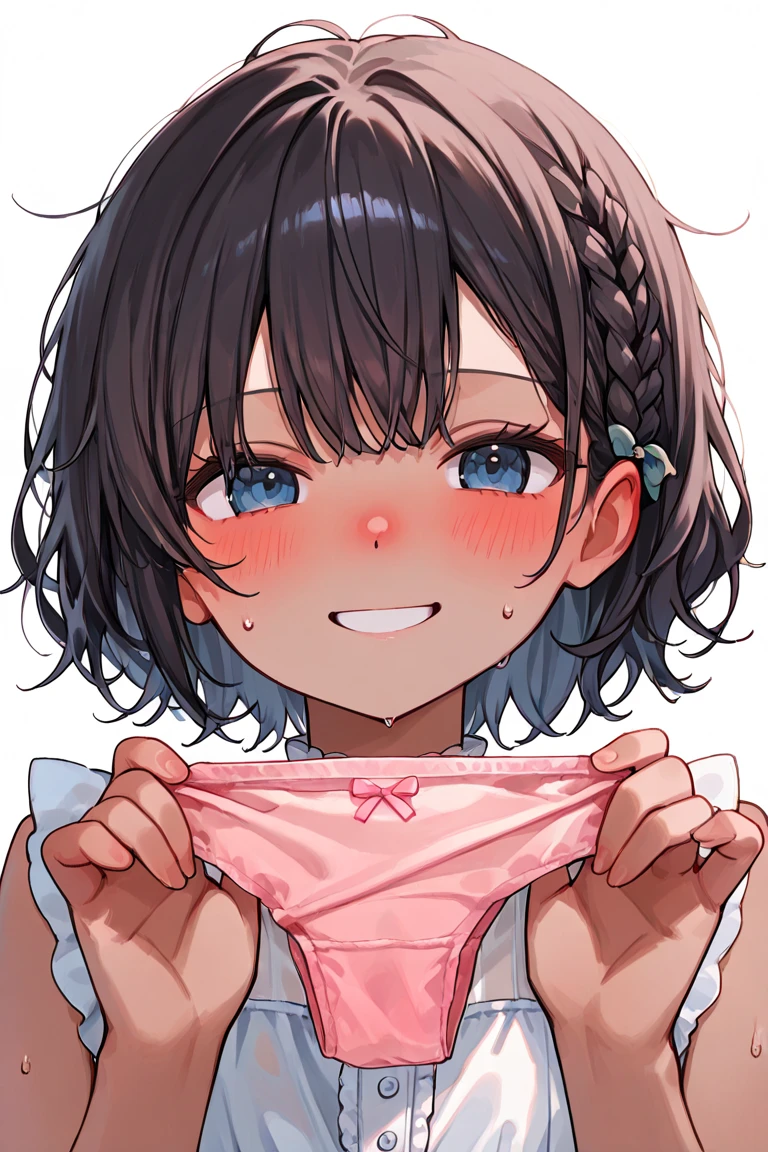 masutepiece, Best Quality,Illustration, Wallpaper, Ultra Detail, Little Face Girl、((fear:1.5))、(Teary-eyed:1.5)、(((Cute underwear)))、She makes me lie down and spread my legs.