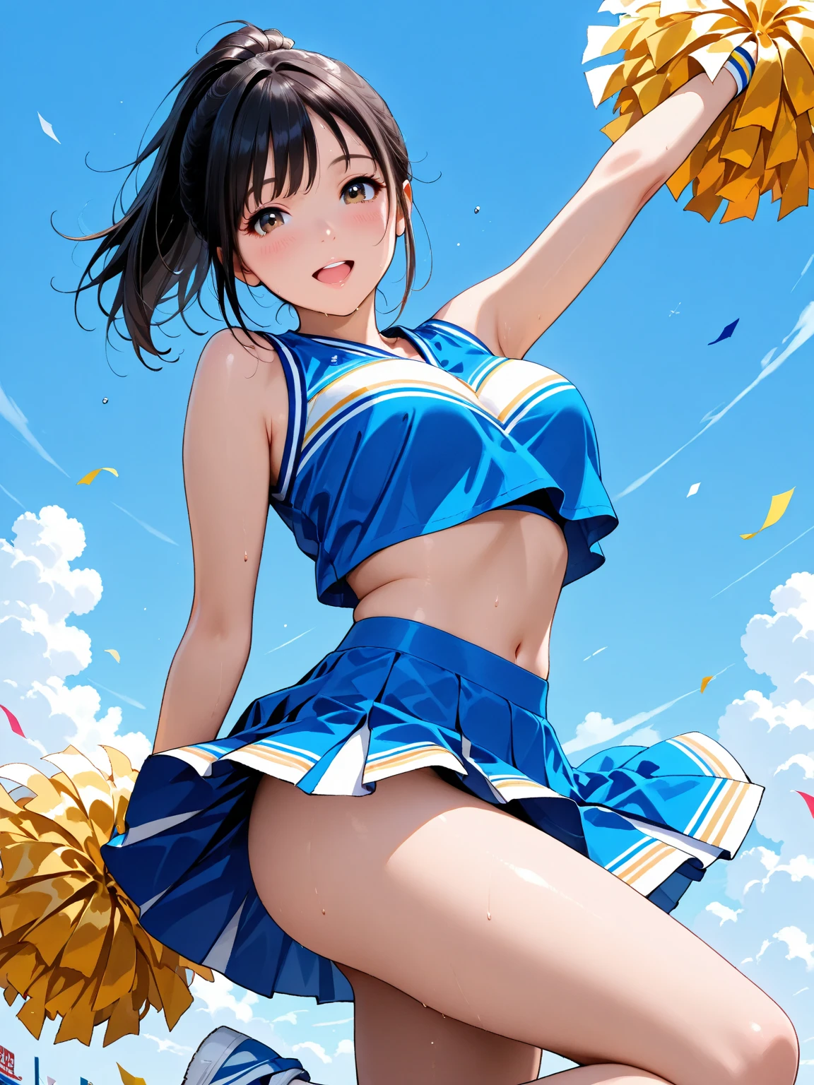 Highest quality,Highest Resolution,Beautiful smiling girl cheerleader holding pom-poms,Sweat flying,Big eyes,Belly button,Underwear that becomes transparent due to sweat,Black hair ponytail,Abdominal muscles,Diagonally below,Arena,support,Outdoor,Sunshine,Open your mouth and drool,Dripping a lot of saliva,