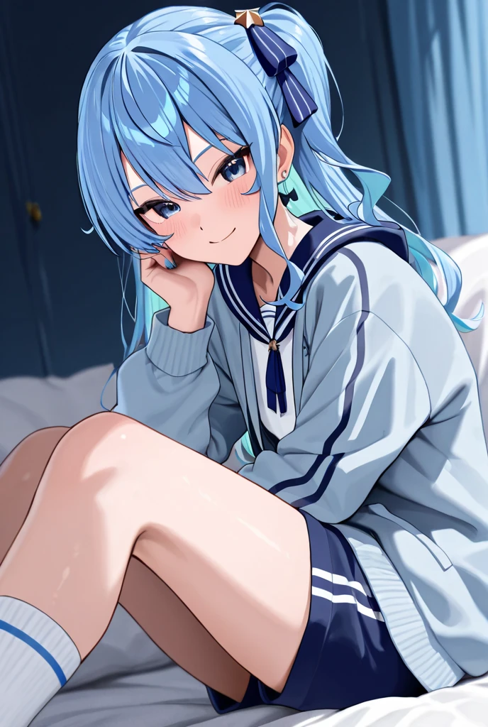 (Detailed fingers,Great hands,Detailed eyes,Leg Details:1.5),(One person,One personで:1.5),(bed:1.2),(bedの上で:1.2),(wariza:1.2),(Place your hands between your knees:1.5),(School uniforms:1.5),(skirt:1.5),(smile:1.2),