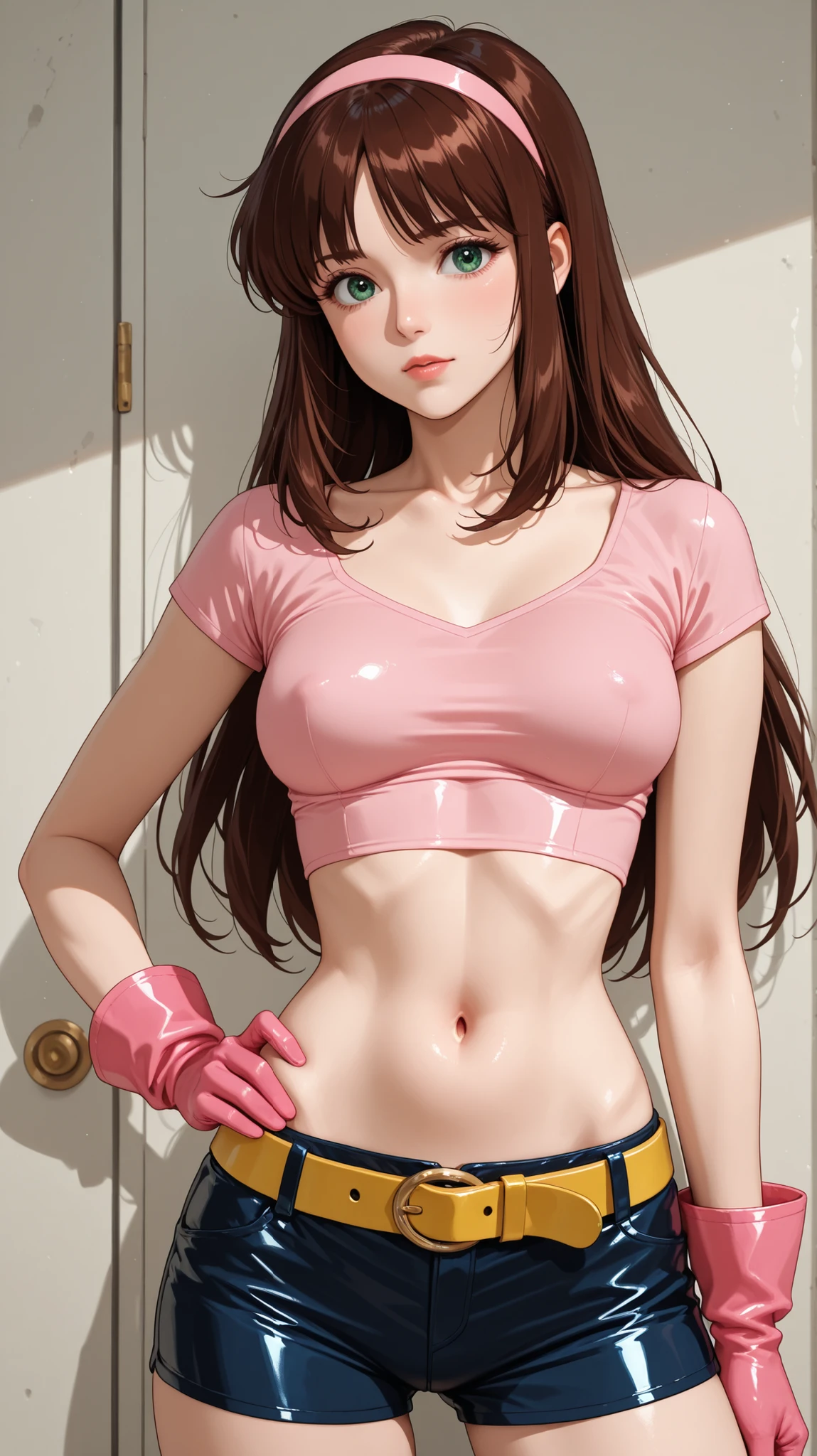 (Best quality, 8k, 32k, Masterpiece, UHD:1.2), kizuna ai, huge breasts,long hair, brown hair, multicolored hair, hair tied, pink hairband, pink highlights, streaked hair, smiling, black tank top, navel, navel piercing, tattoo on stomach, rippedjean panties, hose pipe, car , car wash , wet