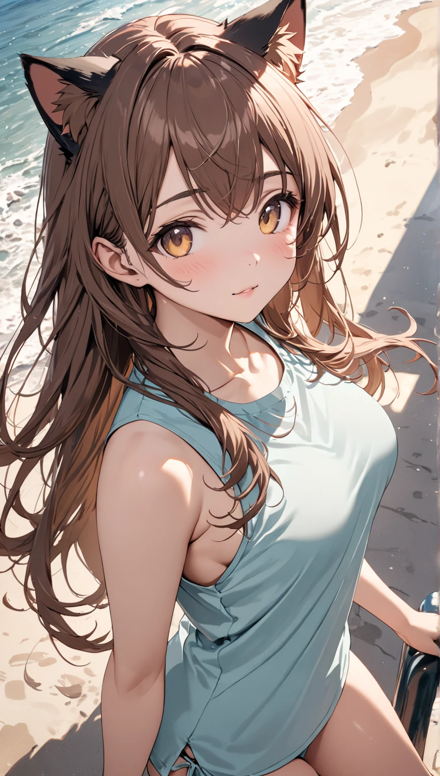 Best quality, masterpiece, head tilt, focused, swept bangs that curl at the end, long hair, very long hair, waist length hair, brown hair swept bangs and brown eyes, floral backless sundress, sneakers, toned arms,