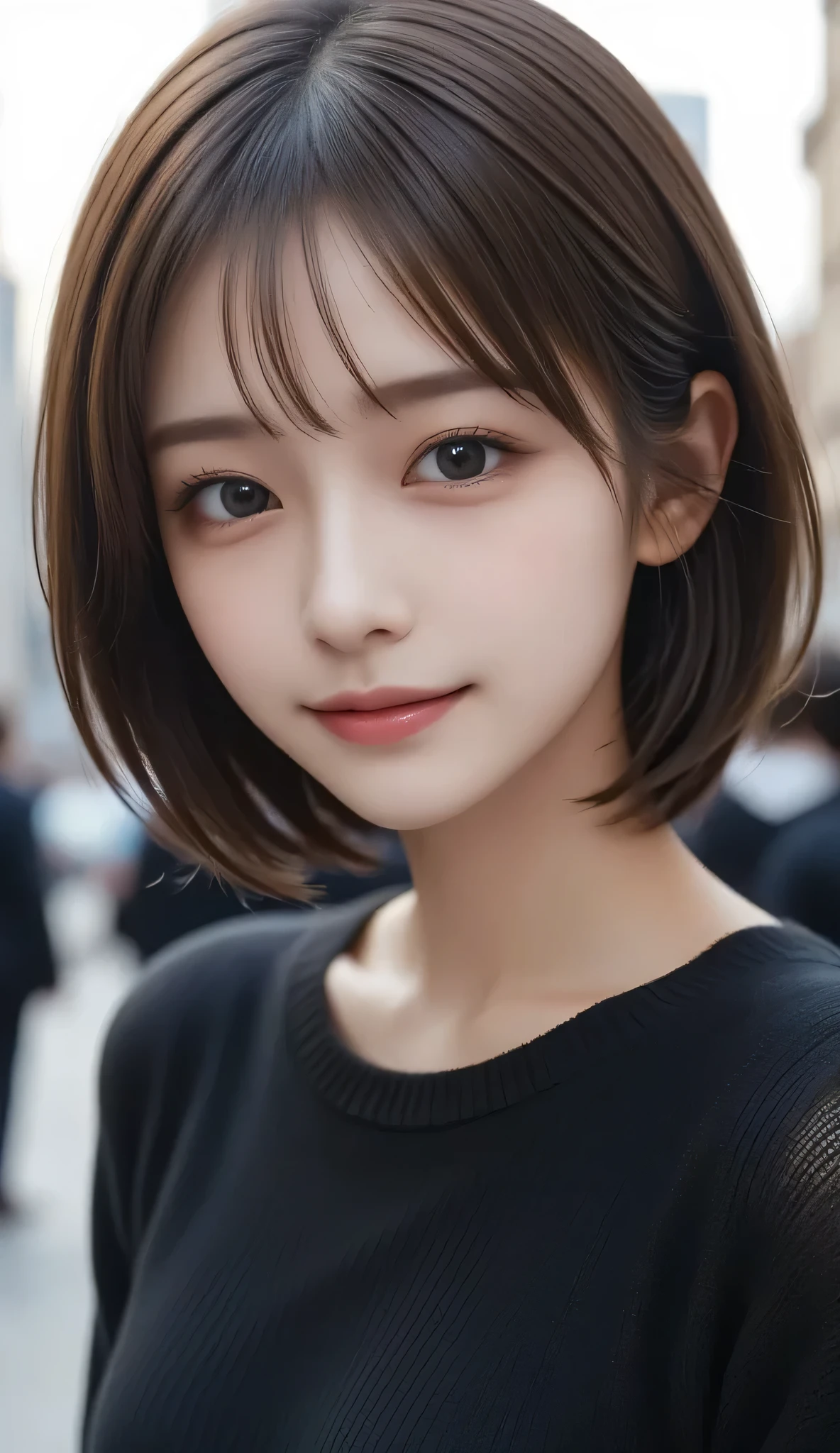 (((face close-up)))、(((Brown, shoulder length, straight short bob with legs extended)))、(((She has the New York skyline in the background、posing like a model at a beauty salon。.)))、(((casual black long sleeve winter clothes)))、 half Japanese 、Half Korean、18 year old girl、independent、forward forward、light eye makeup、Brown Hair Color、 flat at honny 、hair that flutters like the wind、Quality of actress、shiny, Ultra Realistic Faces、smiling from waist up、teary eyes、Look up 、 Modest lighting effects in an old wooden hot spring 、 Ultra Realistic Capture、Highly detailed、high-resolution 16K human skin close-up showing a uniform and healthy skin tone。The texture of the skin must be natural、Details must be clear enough to identify pores.、The skin is healthy、must have a uniform tone、use natural light and color、model agency while shyly flipping through one bra'Classic high quality images taken by exclusive photographer、Smile
