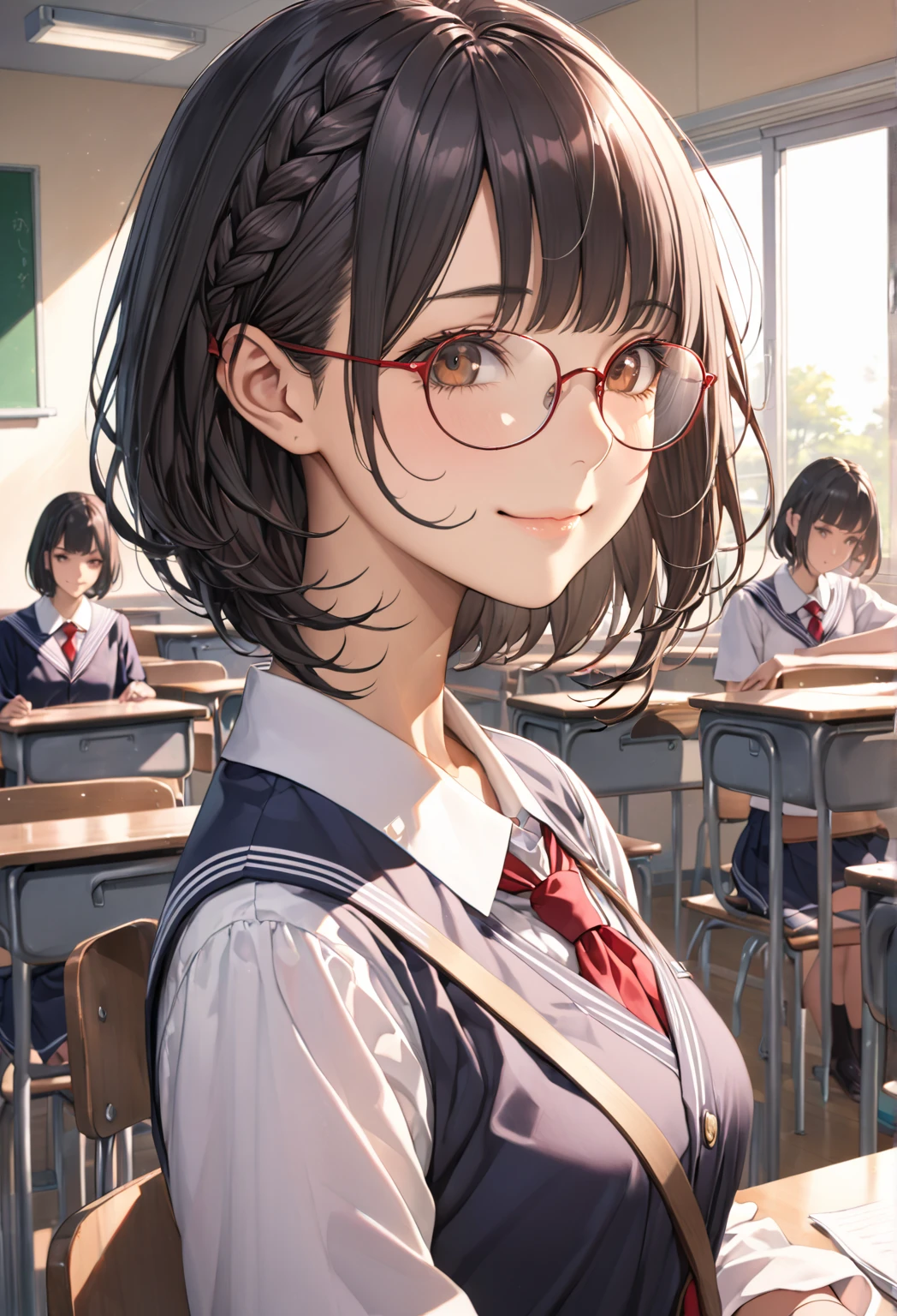 ((masterpiece)、top-quality、girl with、(high school student uniform)、、Perfect Anatomy、3 people、girl with、red hairs、blue hairs、A pink-haired、I'm wearing glasses、short-hair、Braided shorthair、long、female high-school student、校服、(((Pull up your shirt)))、((no-bra))、((Pull up your skirt)))、((Lace panties))、((Digging panties))、intersection、A smile、Embarrassed face、angry looking face