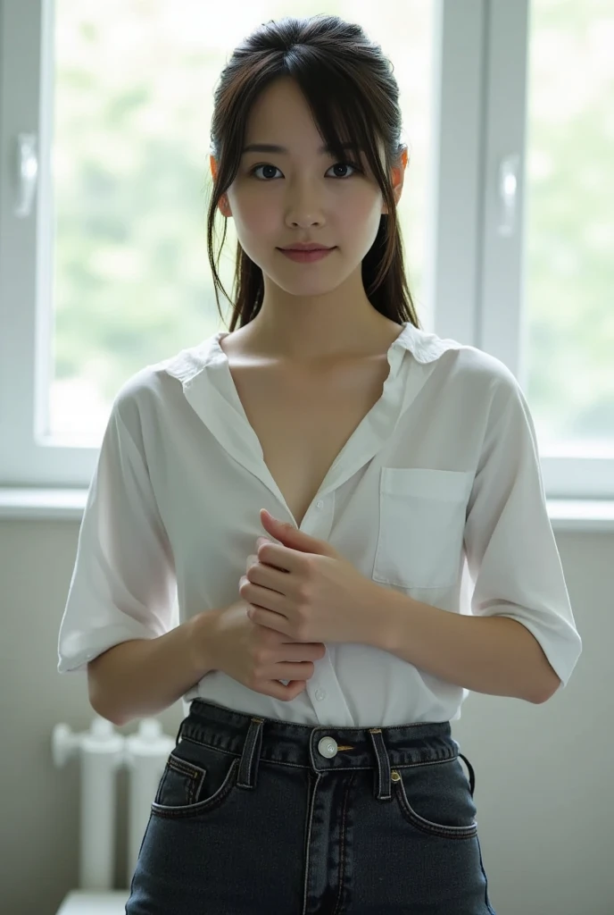 masterpiece, Highest quality, Super detailed,Japanese beautiful girl、 Alone by the pool,18-year-old high school student、Very beautiful and small breasts、Beautiful cherry-colored areola、Erect nipples、Narrow waist、Small butt、Shaved, Micro Bikini、Bikini with small cloth area、Almost a pimp、, panties, Pulling on panties, Take off, I pulled it myself,Leaning forward、 The genitals are visible、Pussy,  Nipples are exposed、No underwear.Shooting from the front、smile