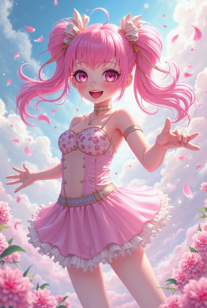 pink hair, 1girl, pointing at viewer, foreshortening, pointing, bow, breasts, hair bow, skirt, lips, looking at viewer, short hair, solo, photo \(medium\), outstretched arm, outstretched hand, smile