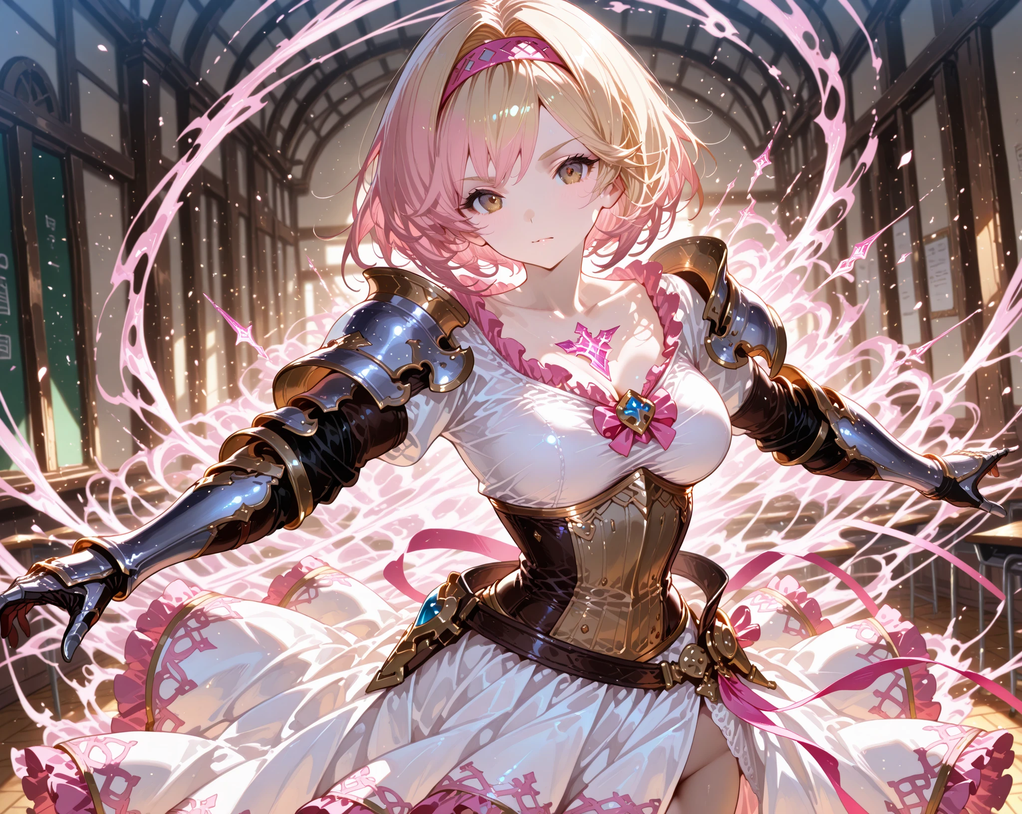 (HD CG, Character CG, lovly, Side Body, Cheerful expression, Spell casting action, Sweet details, Short pink hair, bluedress, Design clothing, Single standing painting)