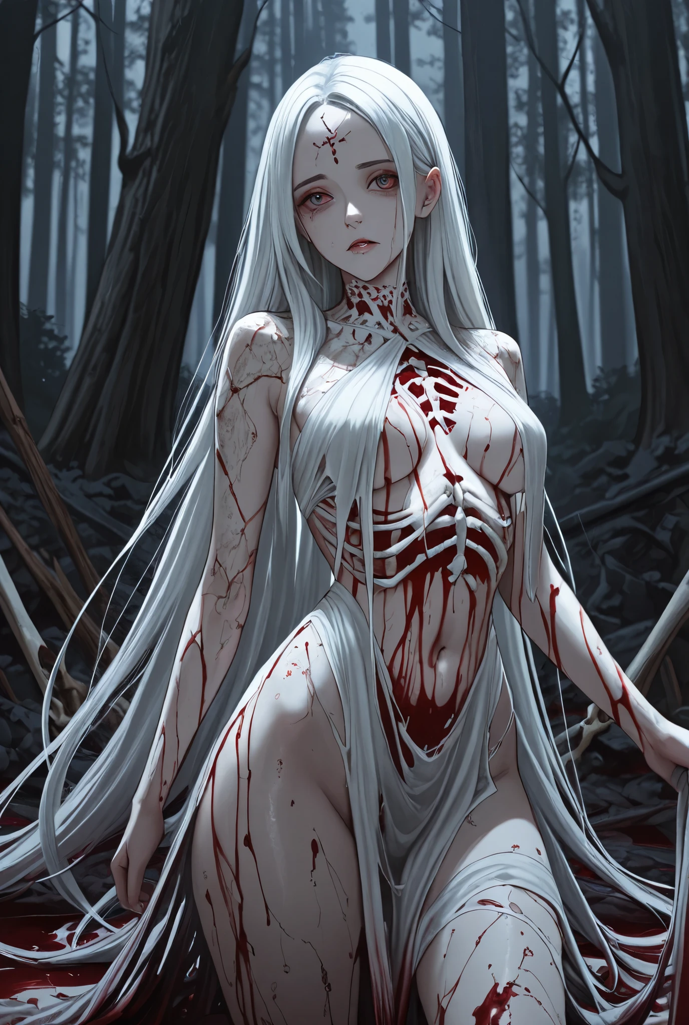 ((True best masterpiece, Ultimately perfect quality, Extremely delicate details)), ((Grotesque expression)), A skinny nude girl with flat-bust is parasitic. Parasites are parasitic her. Chrysalises are writhing inside her body, Scratched body, Teared skin, Bloody wounds, Decayed limbs, Parasites, Parasitic, Infection, Infest, Surrender, Larva, Maggot, Fleshy, Grotesque