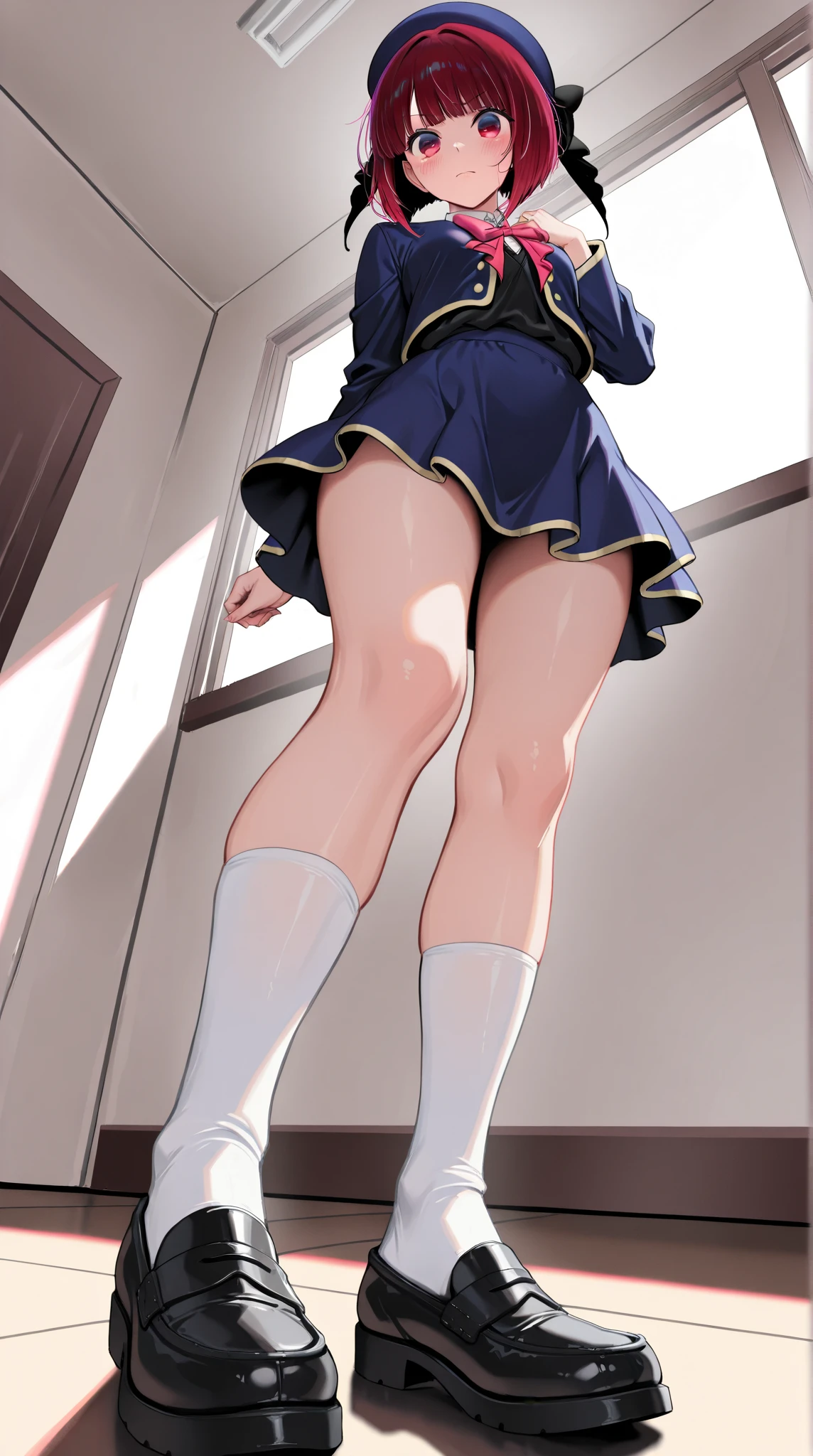 masterpiece, Highest quality, High resolution, ayui, short hair, Single hair bun, Red eyes, Small head, clavicle, Neck ribbon, White shirt, Dress shirt, blazer, Black jacket, Open jacket, Long sleeve, Checked skirt, smile, blush, Outdoor, White thighs, (Huge breasts), (Wide pelvis), (Are standing), (Very large_Lower Body:1.5), (Very thick_feet:1.5), (Fully exposed:1.5), (Panties in full view:1.5), (Detailed pussy:1.5), (Skirt flip:1.5), (スカート that rolls up:1.5), (feetをクロスさせる:1.5), (Looking up at the crotch from below_perspective:1.5), (Looking at the audience), (Cowboy Shot)