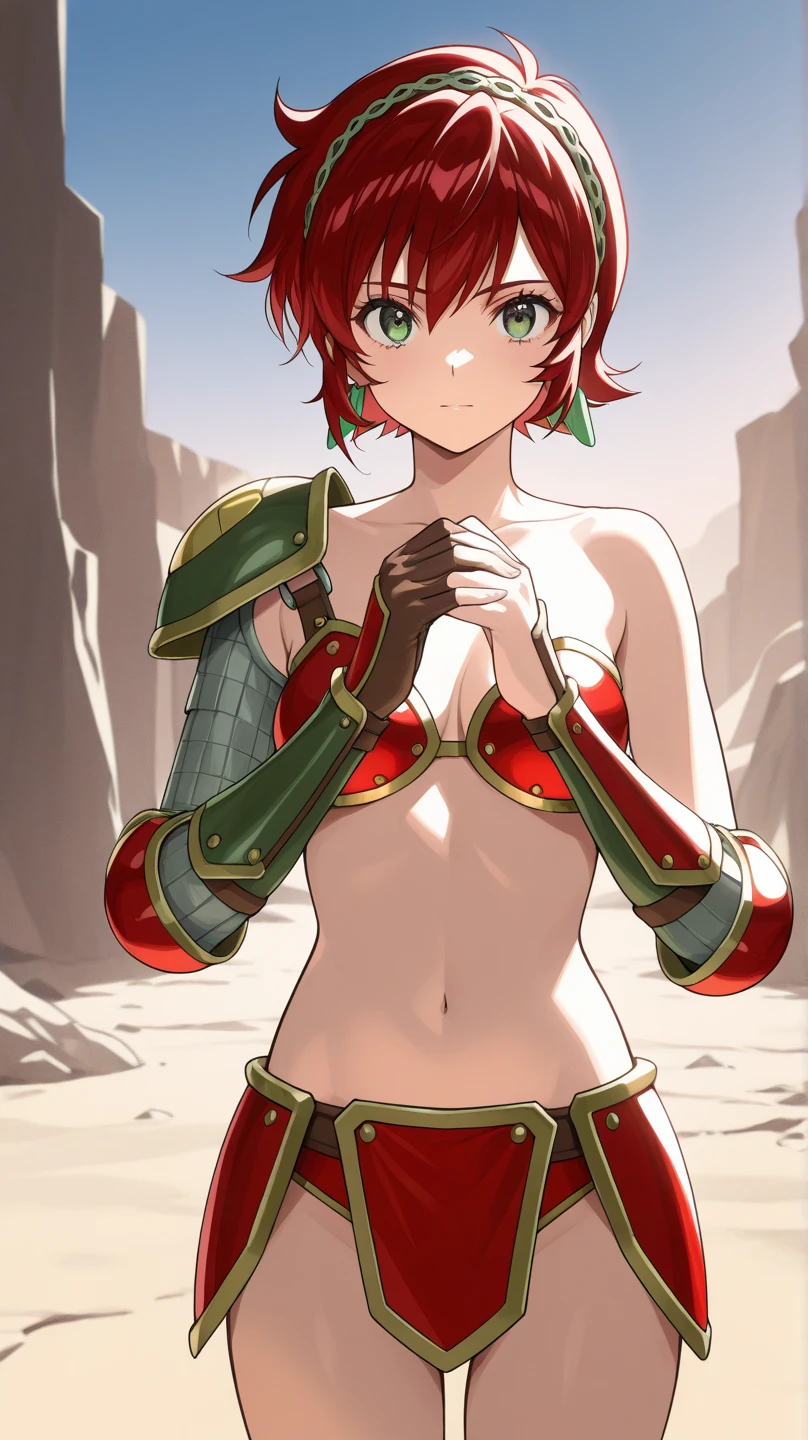 a girl, warrior, redhead, short hair, bright green eyes, beautiful breasts, hair between eyes, bangs, full body, confident, heroic posture, smiling, white leather armor, cape, fantasy, medieval ruin
