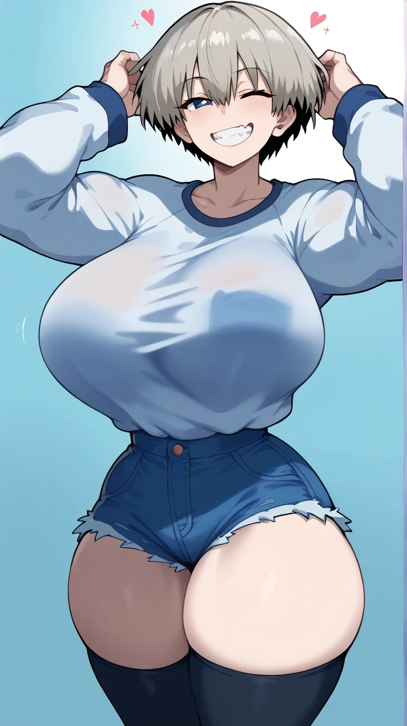 "(perfect masterpiece:1.2), (highest quality:1.2), stunning face, compensate, long and luxurious eyelashes, lip whole, irresistible charisma.",(((mature woman))),(((very short hair))),raised his arms,NSFW,(((Chubby))),((((shirt))),hair clip,wallpaper,black hair,pixie cut,very long bangs,hair between eyes,((((Are fat)))),((((Mother)))),lipstick,jeans