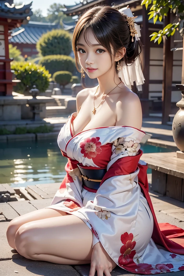 ((Best quality, 8k, Masterpiece :1.3)), 1girl, beautiful woman with emphasis on slim abs: 1.3, (casual hairstyle, big breasts: 1.2), (full body:1.6), ultra-detailed face, delicate eyes, double eyelids, soft breasts, smile, beauty moles in breath, diamond choker necklace, jewely, exposed cleavage, her face, realistic, detailed skin, extreme light and shadow, wearing yukata Japanese summer festival, wearing hair ribbon best quality, (in japanese shrine:1.5), (realistic, photorealistic: 1.37), extreme light and shadow, disheveled hair, master work, rich details, (highest quality photo), (masterpiece), (detailed eyes), look in front of you eyes, incredibly cute under eye moles, necklace, earring best quality, Japanese woman, large breasts, very short bob hair,upper body, A beautiful woman with perfect body:1.4, Slim abdomen:1.2,st. louis \(luxurious wheels\), perfect anatomy, Slim Abs: 1.1, ((geisha style is cover the allure of Japanese Oiran Kimono style, with its intricate designs, rich symbolism, and historical significance, influencing modern fashion and inspiring artists globally)), ((sideboob)),(underboob), sitting down, hands behind head, big breasts,(naked), fingers spreading open, underpants,((naked)), open legs,
