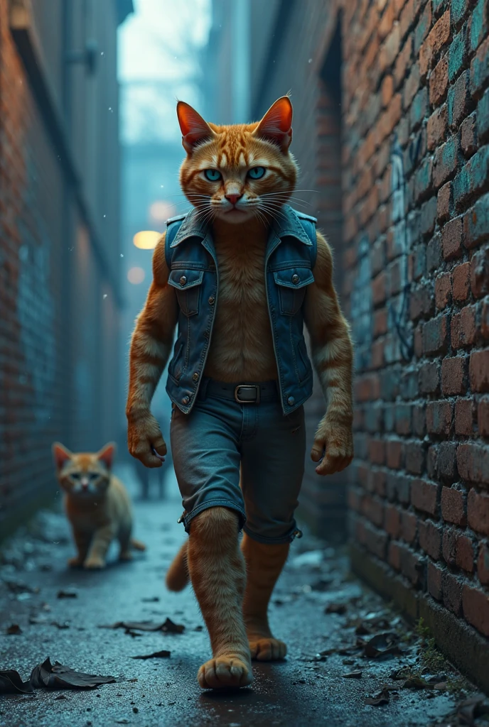 Create a photorealistic image of a six pack father cat wearing jeans outfit The father cat, with wide, frantic eyes, glances across the street at a fancy jewelry shop, lit up with sparkly necklaces and rings in the windows. The background shows a bustling street filled with other cats walking by.