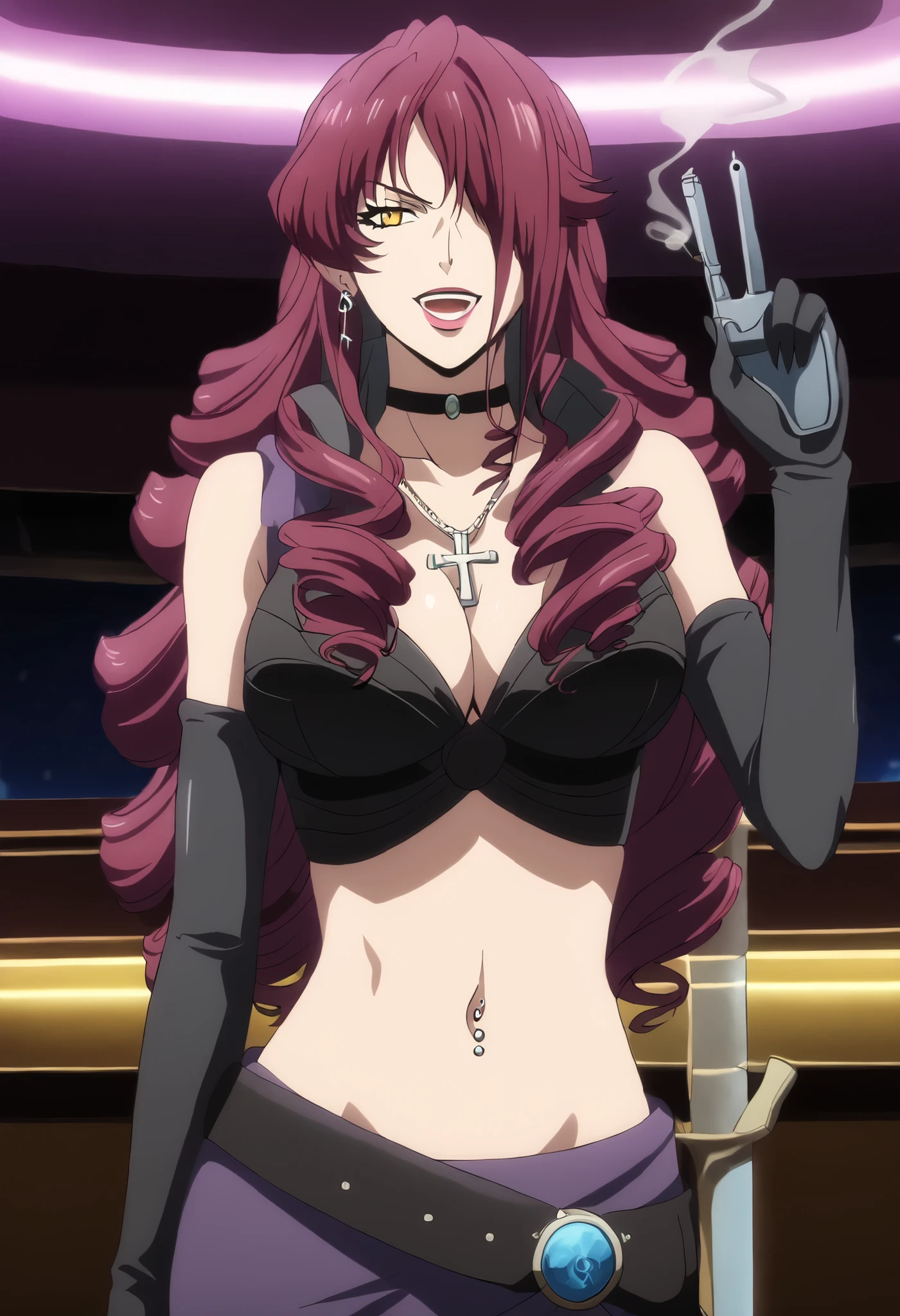 jina, long hair, blush, lipstick, jewelry, earrings, Hot girl, baddie, mean girl, sensual, attractive, bar background, inside bar, indoor, masterpiece, best quality, highly detailed, a girls with a gun, evil smile , open mouth, sexy gaze, badass pose , evil smile, smile, (nsfw) not safe for work, guns blazing, anime girl with long hair, beautiful long haired girl, navel, evil expression, exposed belly, exposed navel, exposed midriff, exposed lower belly, long black pants, crop top, cleavage, unbuttoned leather pants ,open fly, low rise black leather pants, leather jacket, holding a gun, holding pistol,