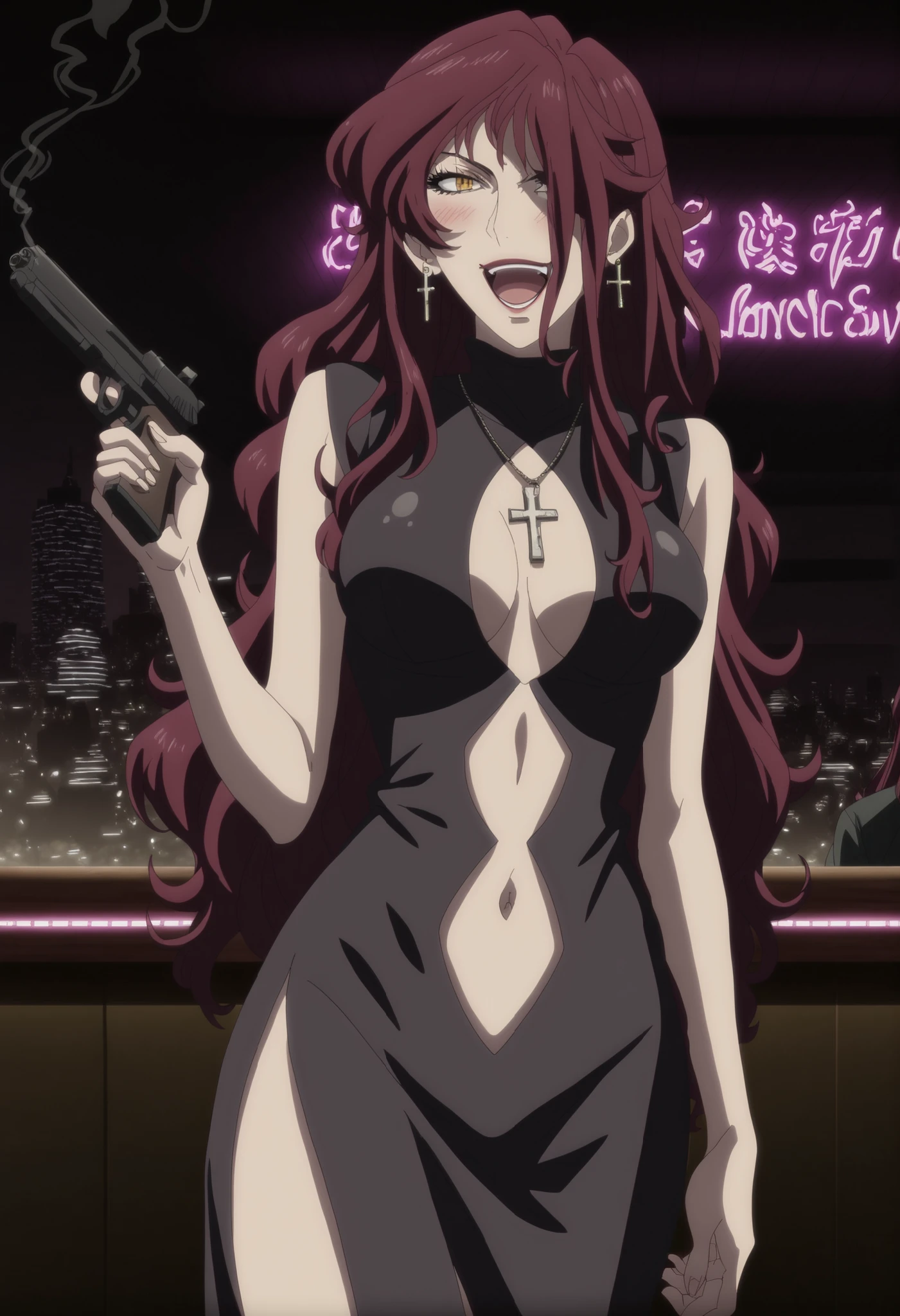 boku no hero academy style, original character, 1 girl, Idol, female UA uniform, long wavy brown hair with reddish gradient at the ends, golden slit eyes with star, yuei in the background, hero costume, sweet little face, open mouth smiling, peach lipstick, lilac eyeshadow with glitter, black gothic chocker neck accessory, black color blouse with long sleeves, gothic outfit, black shaded skirt with a dark belt with chains, in the background of the AU, white skin, beautiful and attractive, good body, prominent bust, wide hips, with powers of space, darkness and fire, sexy, sensual and dominant aura, seductive and challenging look, tsundere