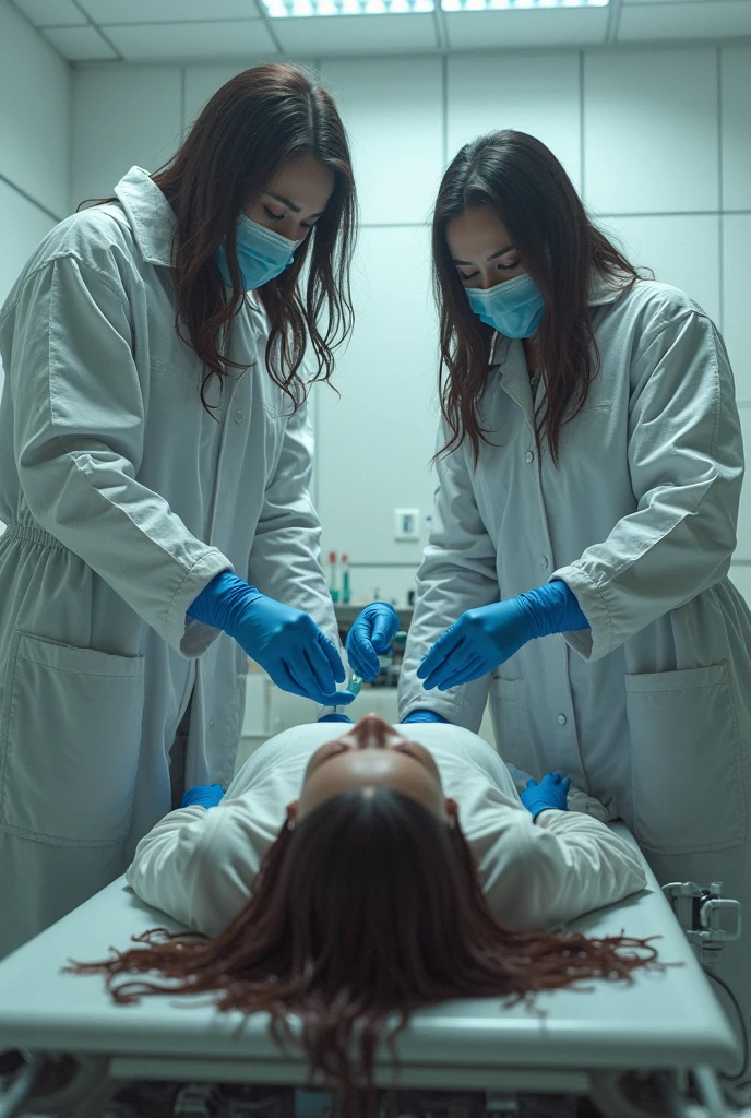 20 year old female lying on medical stretcher pushed by group of masked female scientists in latex catsuits down hallway, passed out. unconscious. sleeping. brunette hair. disheveled white satin sleeveless blouse and pleated skirt.