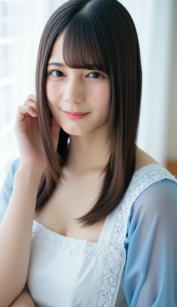 RAW Photos, One girl, Cute face, Beautiful Face, Mid-chest, A light smile, Upper Body, Detailed skin, pore, Simple Background, Front face, wallpaper, Realistic, Anatomically correct, masterpiece, Highest quality, Ultra-high resolution, masterpiece
