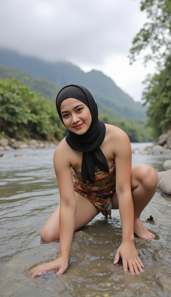 (Happy smile), (((HIJAB MALAY GIRL))), masutepiece, High quality, UHD 32K, Realistic face, Realistic skin feeling , A Japanese Lady, 8 years old, , Very cute and baby-like face, (((FLAT CHEST))), (MATRIX WORLD), ((look In front at the camera and SADNESS)), ((())), (((CUTE GIRL))), ((MAROON LIPS)), ((Floral Pattern)) little wearing strapless bra, strapless colorful bra, naked at river waterfall