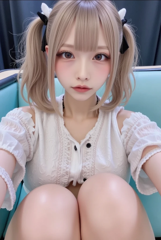 (((NFSW:1.3)),1 girl, single, alone, Beautiful woman、((I could see the whole body:1.3))、 ((middle wave hair, bangs, brown hair)), ((brown eyes, beautiful eyelashes, realistic eyes)), ((detailed face, blush:1.2)), ((smooth texture:0.75, realistic texture:0.65, realistic:1.1, Anime CG style)), perfect body,  (( white shirt)), ((black skirt:1.3)), 1 girl,(highest quality,4k,8K,High resolution,masterpiece:1.2),1 Beautiful woman,18-year-old,35mm lens,f/1,considerable breasts,soft sunlight,bright colors,playful expression