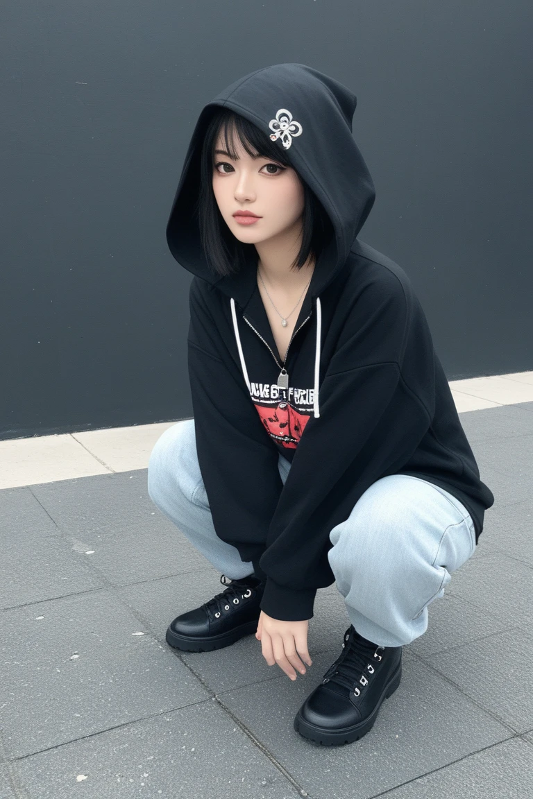 Girl with long black hair and black hoodie, black shoes