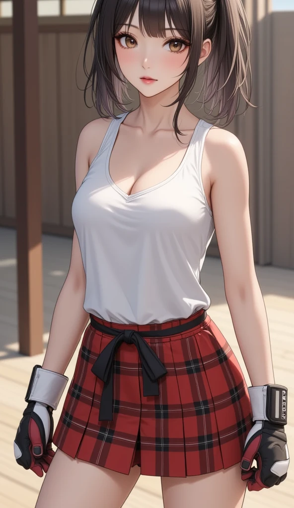 (4k,8k,best quality, masterpiece:1.2), ultra-detailed, realistic, realism, perfect face, perfect nose, detailed hair, detailed eyes, detailed lips, realistic colors, studio lightning, (((medium short shot))), small mouth, looking at viewer, glare, disdain, confident pose, mature woman, makioze, wearing ffcl, looking at viewer, medium breasts, from below, 20yo woman, pleated skirt, bangs, purple eyes, glowing eyes