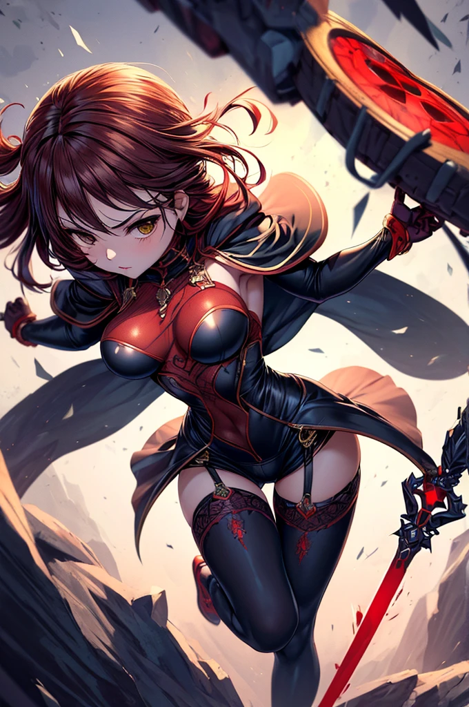 (((urban game wear))), ((( black blue and yellow suit ))), (((Bandaged body))), ((high collar)), (((corpo fitness))), (((best qualityer: 1.4))), (Unbeatable masterpiece), (hiper HD),(CG 8k hyper-realistic), (((brave face))), (((breasts small))), (((hyper feminine))), sexly girl, sucubus,（(long curly hair)), ((( sculptural body ))), (((1 girl))), 15 year old cyber girl with perfect body,,Beautiful and well-groomed face,muscular body:1.2,solid color detailed jacket, (Head to thigh photos)， complex outfit with graphic flames, (((standing alone))), violent brat, (((14歳))), sexly, pose de atitude, Create a cool character for a gacha game based on the game Zenless Zone Zero, female character in devil clothes in warm colors, S-level fire elemental character, devil horns and tail, beautiful and cute face, nymph body, lolly, haughty, devilish smile, wielding a serrated sword, pose de atitude, aggressive movements, Shark teeth, fully body