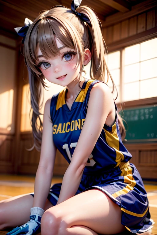highest quality, Tabletop, High resolution, (Anime heroine illustration), Anime Paint, 1 Beautiful Girl ,Dynamic Angle,Female Basketball Player ,Shoot the ball,Small Head,Big Breasts,Smart Body,Beautiful legs, Glowing Skin, Sweat,At the basketball venue ,(Beautiful face in every detail:1.4),Detailed Skin,Fine grain,Fine hair,Beautiful legs in every detail,