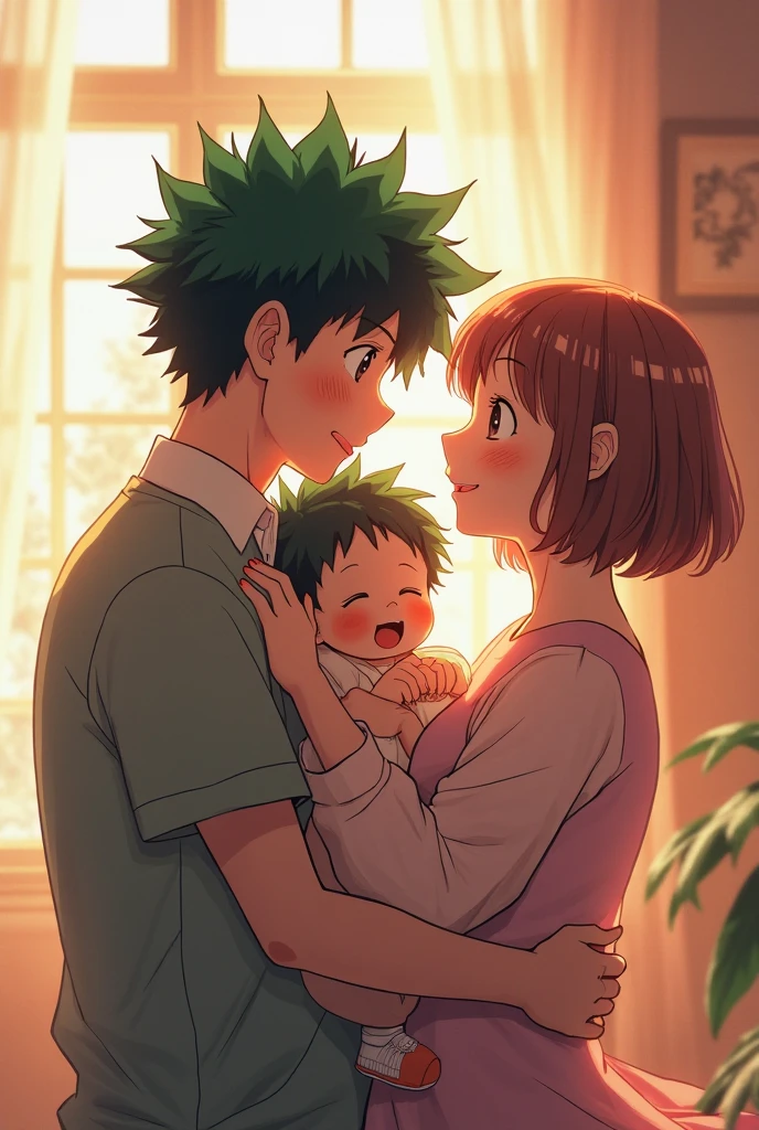 Create a family chart. anime version.
The mom with her short orange hair,She is wearing a yellow shirt and a denim skirt, She is holding her baby.
The baby is sleeping,She has soft pink hair.
The dad is Ash with his black cap.
Add another child eating a candy, his black hair and green eyes.