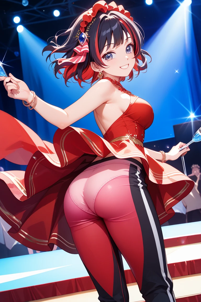High resolution, high quality, One girl, Anime Girls,((At a live music venue)),stage,confetti,Idol,((sing)), orange hair,short hair,twintails,Orange Eyes, heart shaped pupils,Glowing Skin,,Super big breasts,beautiful breasts, (Big Ass),beautiful ass,Idolコスチューム,mini skirt,Laughter,Low Angle,Groin tattoo,glowing tattoo,