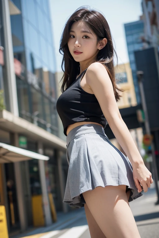 Female college student、22 years old、solo、(Browsing Caution:1.3), ((masterpiece)), ((Highest quality)), (Very detailedな), ((cute)), cute, (Lovely), ((Very detailed)), 4K, (8K), Highest quality, (beautiful), hyper cute face, shape, hyper Genuineistic, Genuine, (((From below))), whole body, Between the skyscrapers, (1 Girl, cute girl:1.5), (Female college studentのファッション:1.5),(Sleeveless Polo Shirt、Pleated skirt)、((White panties))、sneakers、 beautiful light brown hair, beautiful brown eyes, ((beautiful eyes)), (the wind is strong, Hair is shaking, The skirt is flipped up and the underwear is visible:1.3), short hair, (((Big Breasts))), ((Device tick type))、(While wearing (Showing panties to the camera))、