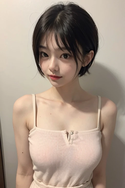 Camisole with see-through nipples、Dark Room、bed、Embarrassed face、Short hair with bangs、whole body、Standing still、is nervous