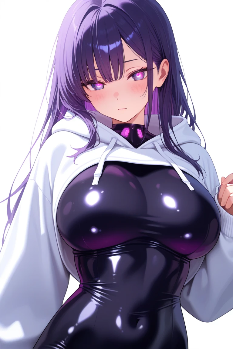 Her dark black hair glistened under the room's light, her piercing purple eyes, her large perky breast hugged her uniform,