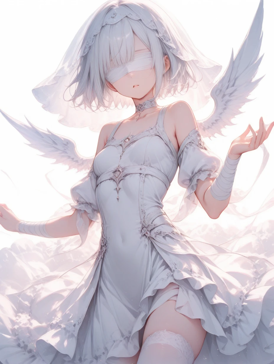 technological sense, best quality, masterpiece, illustration,CG ,unity ,wallpaper, official art, Amazing, finely detail, an extremely delicate and beautiful,extremely detailed, highly detailed, sharp focus,rich background,blurry background, (((high detailed skin,visible pores))), (((face close-up,haunting smile,moist lips,short hair))), ((irises and pupils are rounded,the pupil reflects the surroundings,eyes are not the same size)), ((Big eyes,perfect eyes,watery eyes)), ((white hair,high ponytail,thick bangs)), ((((small breasts)))),white skin,bare shoulders,((white dress)),(angel wings:1.4),(((halo)))