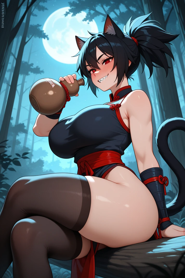 ((1 woman in sexy ripped gym top)),((big breasts)),((happy face, in a forest)),((walking, wet pussy, erect nipples,bare breasts,naked pussy)),( (hair very large pubic hair)),((large black hair in a short bun, with very large bangs covering the face, Blue eyes)),((facing the viewer, in a forest)),