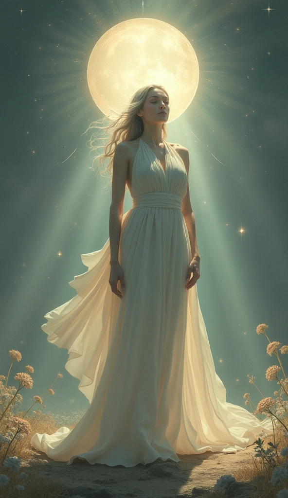 Top quality, realistic, very delicate and beautiful, RAW photos, professional lighting, face lighting, depth of field, single focal, whole body, 1 woman, a beautiful omnipotent divine mother goddess of all creation, floating in galaxy, wearing puffy wide extra billowing ballgown, with golden divine halo circle behind back, best quality, masterpiece, beautiful, detailed face, looking at viewer, lipstick, transparent flowing veil, giant round crown