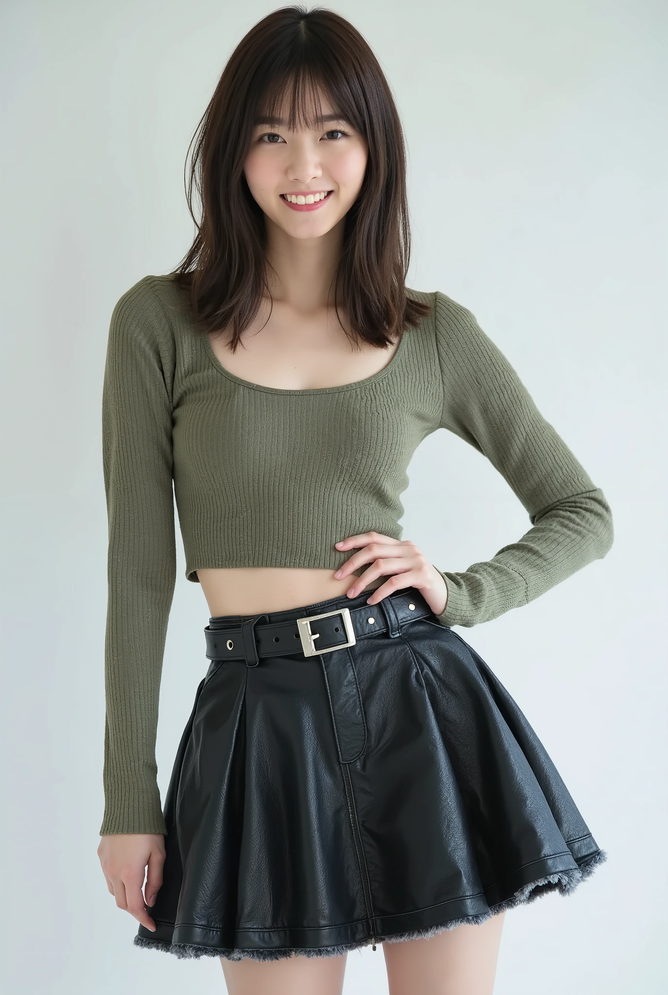 Create a portrait of a stunning Japanese idol girl, perfect for a fashion magazine gravure shoot. She has a slim physique, small bust, and slender legs. Her hair is semi-long, styled with a cool, punk-inspired Harajuku fashion outfit. The ensemble features a tight top with arm caps and a mini skirt made of thick fabric with irregular pleats. Accessories include a belt, a padlock chain, striped socks, and platform shoes. The skirt flares out gently, emphasizing her slim waist and cute silhouette. Capture her in a confident pose, radiating charm and style.