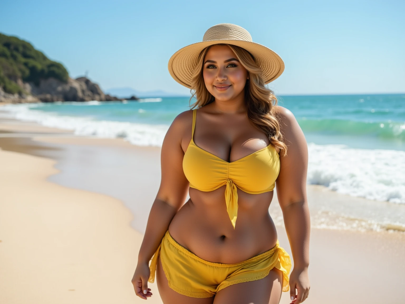 "Imagine a photo of a light-eyed, extremely sensual blonde woman with large breasts, thick thighs and a big ass, walking towards the camera on a busy beach, captured with a Canon EOS 5D Mark IV. She is dressed in a flattering bikini that accentuates her voluptuous curves. Her large chest is enhanced by the bikini, while her thick thighs and large ass are accentuated by the movement of her walk. Her blonde hair is slightly messed up by the sea breeze, and she has a confident, seductive expression on her face. The scene is under the soft light of the sunset, creating a beautiful effect of light and shadow. The scene should look as if it were captured with a high-quality DSLR camera, in an ultra-photorealistic style with intricate detail and a depth of field effect --chaos 1 --hd --ar 16:9 --iw:3 --no glasses. The image should have a cinematic photography style, with less vibrant and more balanced colors, providing a sense of movement and beach life --uplight --v 4 --q 2."