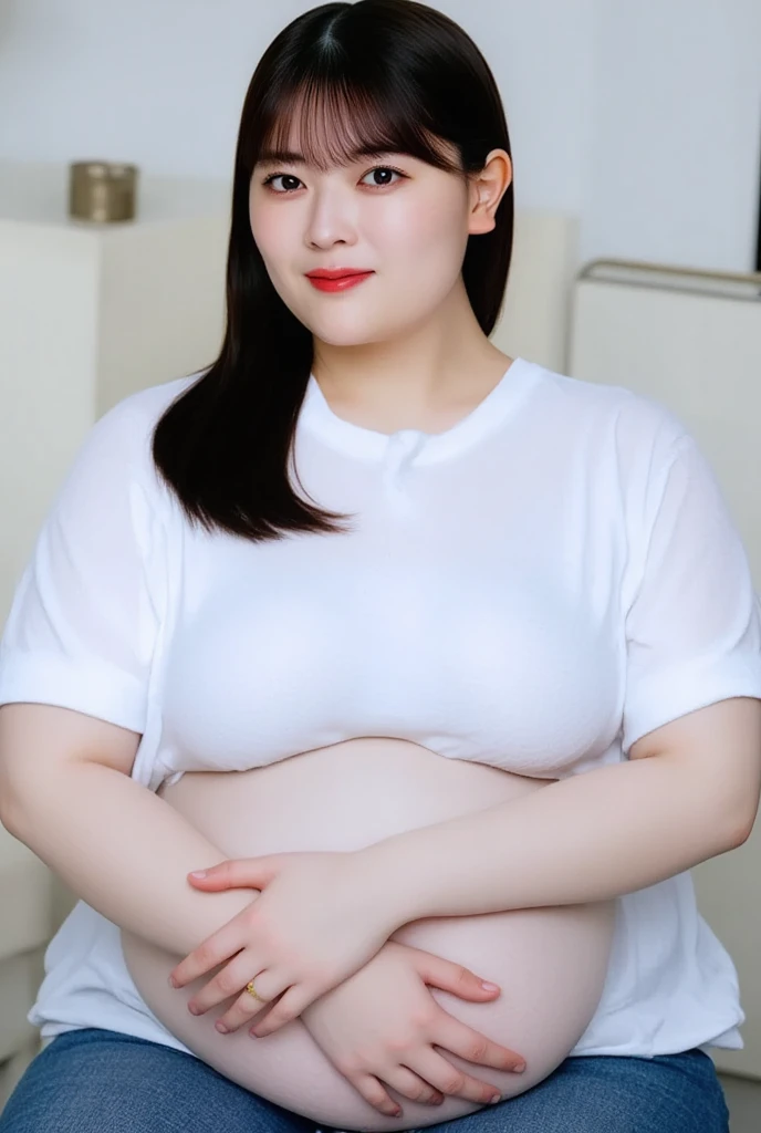 Good, panties, cute girl, japanese model, obese, overweight, little, big busty, Big Breasts, Big Tits, Black Hair, short hair, Bob, round face, The face is big and puffy, look at viewer,　I have a protruding belly, pregnant, 22 yo, A plump, round face, Thick arms, Plump, moon face, Duck mouth