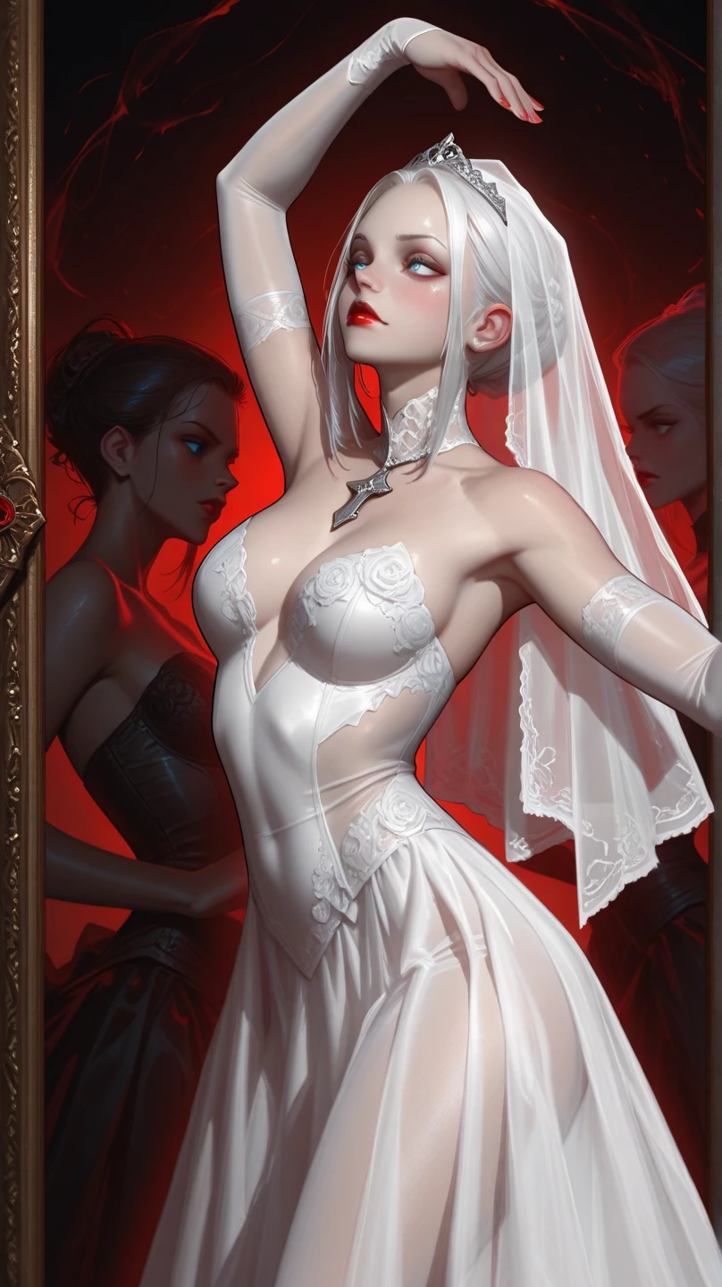 sensual woman, with completely white and pale skin, with red eyes, with very long white wavy hair, totally naked, walking through the gallery of a Gothic cathedral full of stained glass windows, painted in the style of a Renaissance painting
