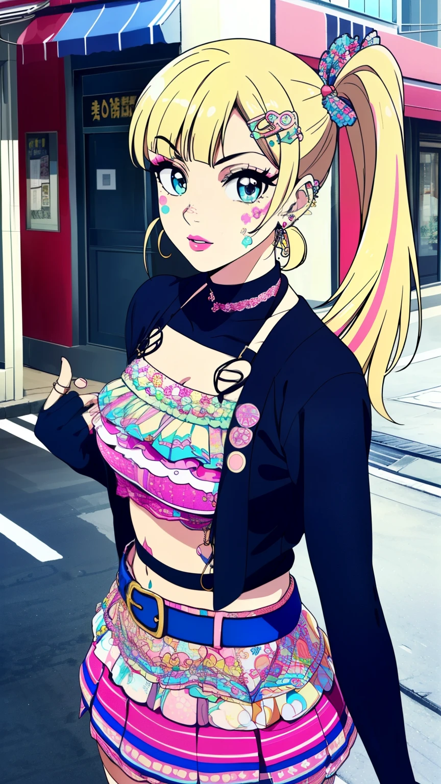 (Top quality, masterpiece, 8k), (Realistic skin texture), (anime coloring), very detailed, perfect face, beautiful eyes, perfect eyes, detailed eyes, feature large highlight, detailed face, ultra-detailed, detailed eyes, symmetrical eyes, (Dynamic angle), (smirk:0.9), Sharp details, 1girl, (medium hair, blonde hair), (((side ponytail)), (bangs), (18 years old), (mature face:1.1), (False eyelashes), (street rock fashion, (colorful clothes:1.3), ripped skirt, fingerless gloves, fedora, belt, natural lips, earrings, heavy makeup, street corner), (decora accessories:1.4), (harajuku city), looking at the viewer, dutch angle,