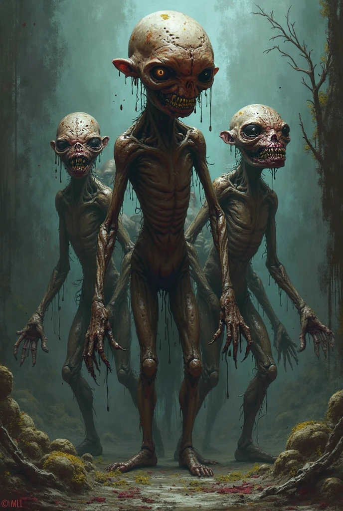 a photo of John Kenn Mortensen&#39;s style page, surreal and disturbing in a scary demonic place, beings that are not human - NOT HUMANS