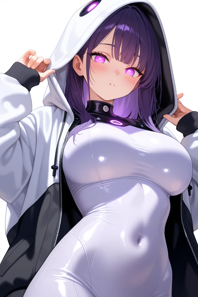 anime_source, (masterpiece), best quality, expressive eyes, perfect face, score_9, score_8_up, score_7_up, 1girl, bikini, black background, breasts, ghost, ghost costume, hair over one eye, hood, large breasts, long hair, looking at viewer, navel, open mouth, purple eyes, purple hair, solo, swimsuit, thighs, indoors